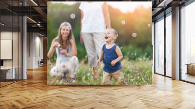 Happy child with family having a great time blowing bubbles Wall mural