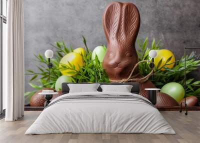 Traditional Easter chocolate bunny and eggs inside a wooden crate Wall mural