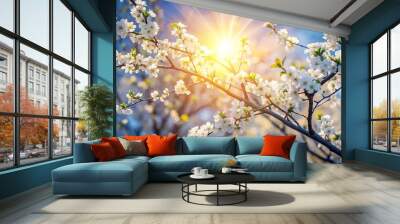 Aerial view of sun shining through blooming branches of tree with white flowers in spring nature background Wall mural