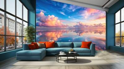 Background of serene waters reflecting cotton candy skies Wall mural