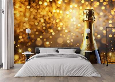 Champagne bottle with golden confetti on blurred background Macro Wall mural