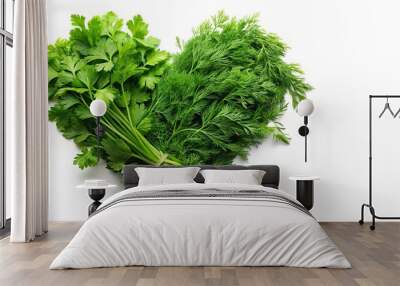 Chopped parsley and dill forming green heart shapes on white background with reflection Wall mural