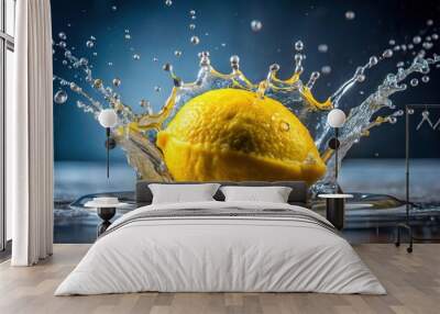 Close-up artistic yellow lemon with splash drops frame Wall mural