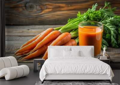 Close-up of carrot juice and fresh carrots on rustic table Wall mural