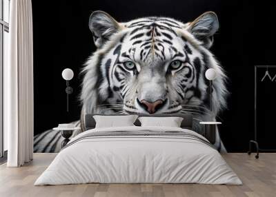 Fierce white tiger with glowing eyes against black background, danger, aggressive, wildlife, predator, strength Wall mural