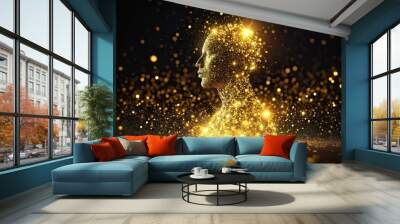 Glow in the dark flying particles of light silhouette on gold background Wall mural