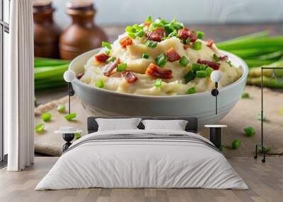 Mashed potatoes with bacon and green onion in a bowl Wall mural