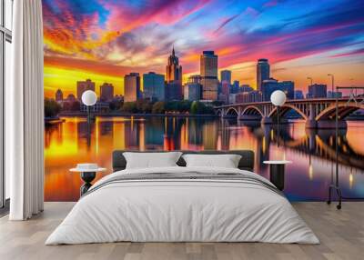 Minneapolis skyline and Hennepin Bridge silhouetted against colorful sunrise, Hennepin Bridge, Minneapolis, sunrise, skyline, morning Wall mural