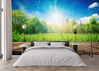 Natural spring garden background with wooden table Wall mural