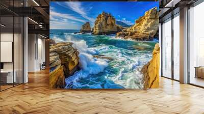 Wonderful scenery of sea rock formations with blue water waves and sky Wall mural