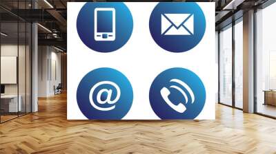 vector icon set: blue spherical communication icons - mobile phone, envelope, e-mail address, phone Wall mural