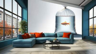 A fish swimming in a closed plastic bag. Place for text. Wall mural