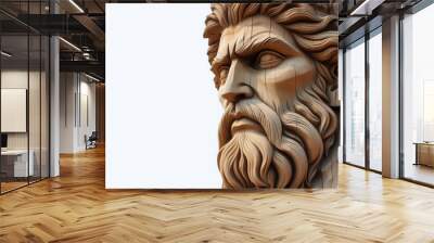 A man's face carved from wood on a white background. Place for text. Wall mural