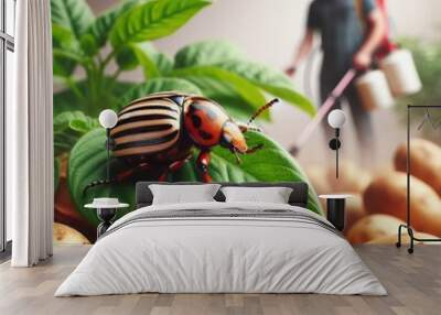 Colorado potato beetle sitting on a potato, on the background of a man spraying. Wall mural