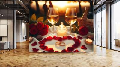 Romantic sunset dinner with wine and roses in the park. Wall mural