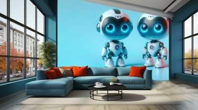 Two small robots with big eyes on a blue background. Space for text. Wall mural