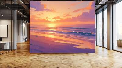 beach view at sunset with painted sky and rolling waves. oil painting Wall mural