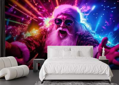 A fiery Christmas party with Santa Claus as a DJ mixing tracks on a DJ mixer. The New Year's party is filled with festive mood and fun. a night of fun. Wall mural