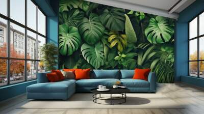 Background of tropical green leaves. Banner layout for a text field. the concept of recreation and travel. Background with tropical green leaves of monstera.. generative ai Wall mural