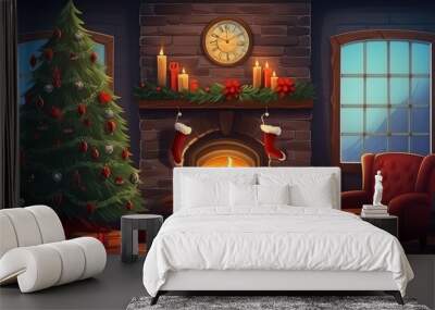 Illustration of a Christmas fireplace in the interior. New Year's atmosphere at home. Festive interior with Christmas tree. Wall mural