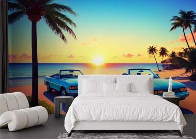 Retro car from the 90's with a view of the ocean and palm trees, travel concept, vacations, vacation, polaroid effect, generative ai	 Wall mural