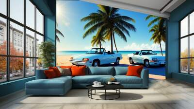 Retro car from the 90's with a view of the ocean and palm trees, travel concept, vacations, vacation, polaroid effect, generative ai	 Wall mural