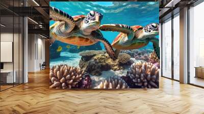 sea turtle with a group of colorful fish and colorful corals underwater in the ocean, underwater world in the ocean. Wall mural