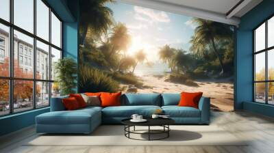 View of the ocean and palm trees, travel concept, vacation, vacation, polaroid effect, beautiful beach. generative ai Wall mural