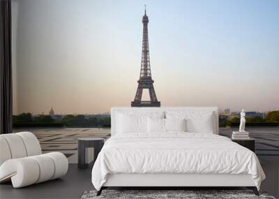 Eiffel tower, empty Trocadero, nobody in a clear summer morning in Paris, France Wall mural