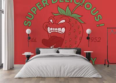 Cartoon emblem of crazy faced strawberry fruit with retro style Wall mural