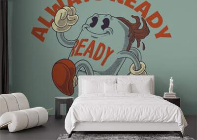 cartoon emblem of happy walking coffee mug mascot with retro style Wall mural