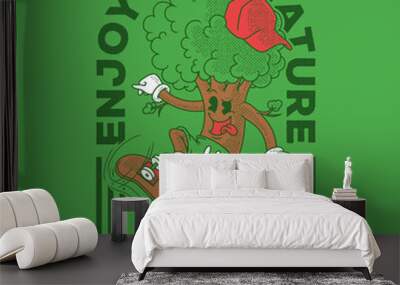 Cartoon emblem of skateboarder tree doing freestyle with retro style Wall mural