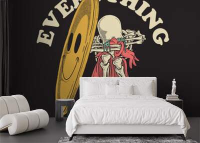 cartoon emblem of skull crying behind a smiley emoticon with retro style Wall mural