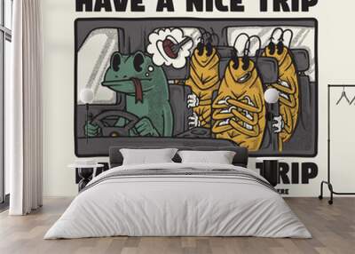 retro cartoon emblem of lizard and cockroaches inside car Wall mural