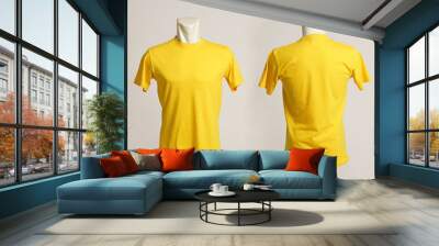 Blank yellow tshirt template, from two sides, natural shapes on mannequins, for your mockup design to be printed, isolated on a white background. Wall mural