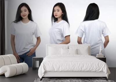 Front portrait with various styles of a young woman. Young woman with a blank white tshirt, front and back views, isolated white background with cutouts. Design templates and women's tshirt mockups. Wall mural