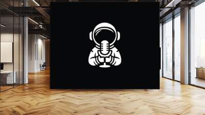 Logo astronaut making a podcast show, flat cartoon character with microphone.  Wall mural