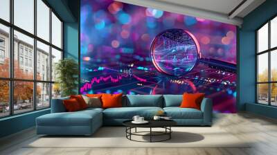 Magnifying glass over an abstract digital chart, representing stock market analysis with neon purple and blue colors for techinspired feel Wall mural