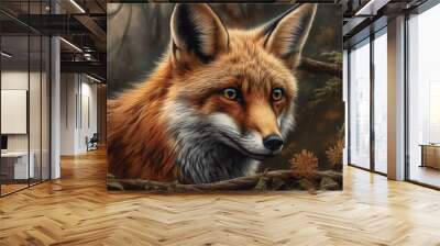 A close-up of a fox in a forest setting, showcasing its fur and eyes. Wall mural