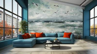 A serene seascape featuring waves and seagulls in flight. Wall mural