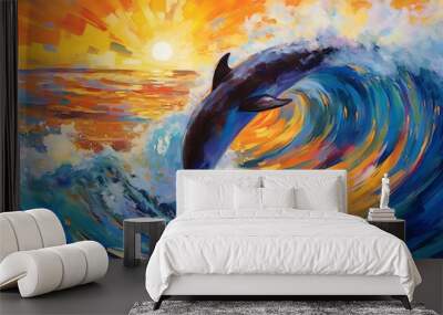 A vibrant dolphin leaps through colorful ocean waves at sunset. Wall mural