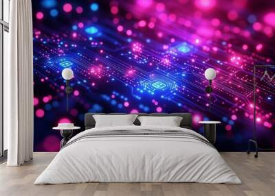 Abstract circuit board with glowing pink and blue lights. Wall mural