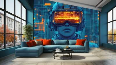 Futuristic cyborg with glowing visor and headset in a digital landscape. Wall mural