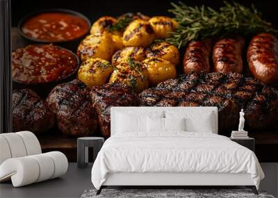 Grilled steak, sausages, and potatoes with two dipping sauces on a wooden board. Wall mural