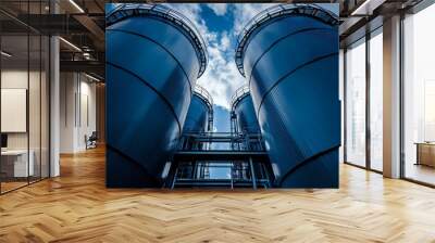 Low angle view of two large industrial tanks, with a blue sky and white clouds in the background. Wall mural