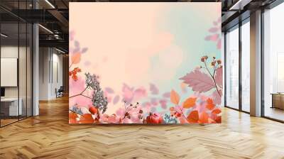 Red berries and leaves against a pink and blue blurred background. Wall mural