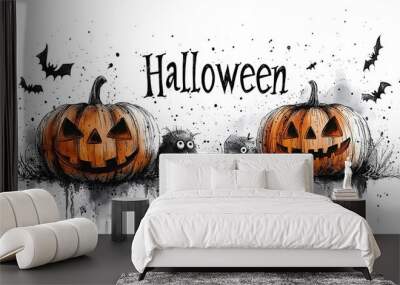 Two Jack-o'-Lantern Pumpkins with Bats and Watercolor Splashes. Wall mural