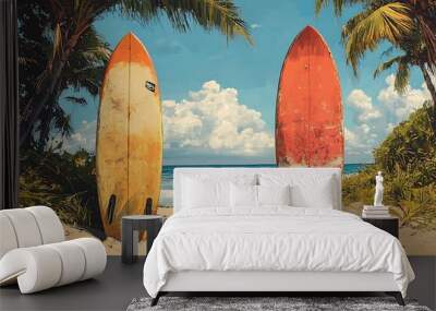 Two surfboards on a pristine beach with palm trees, blue sky, and ocean waves in the background. Wall mural