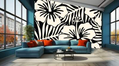 Aloha hibiscus flower and palm leaf Hawaiian tropical seamless pattern. Wall mural