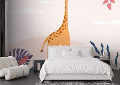 cute giraffe cartoon between jungle with leaves and trees. vector illustration Wall mural